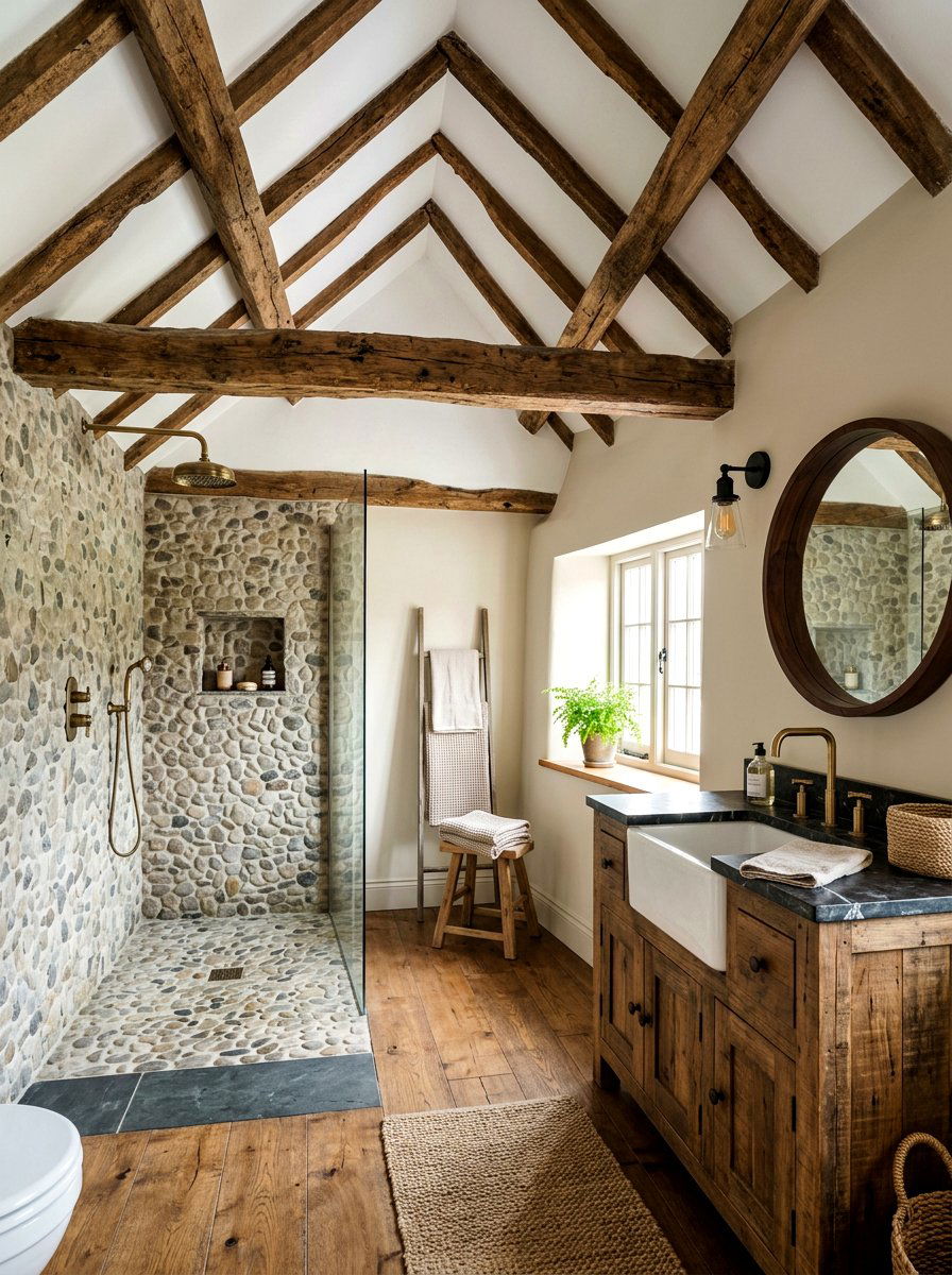 Exposed Wood Beams - 30 cottage bathroom ideas