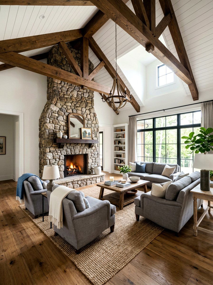 Exposed Wood Ceiling Beams - 30 rustic farmhouse living room ideas