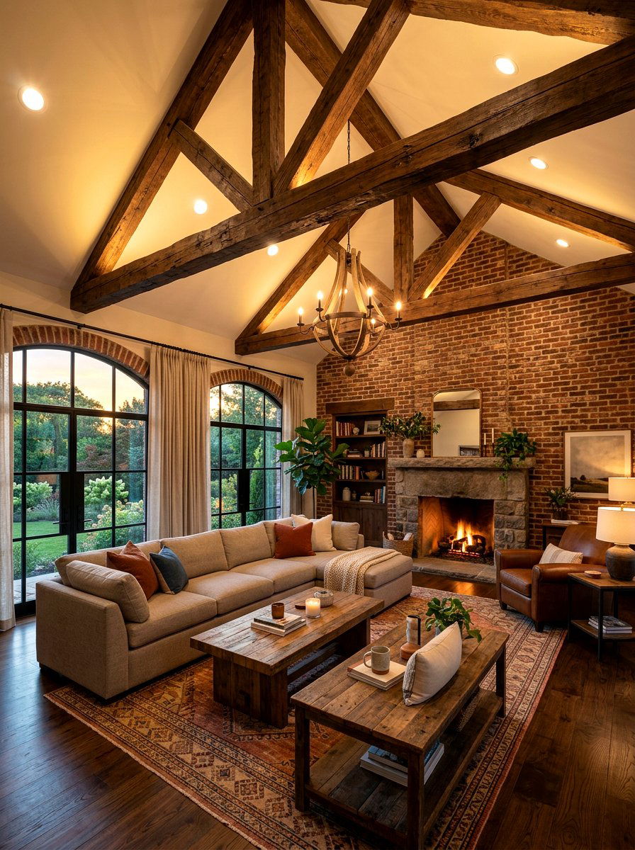 Exposed brick and ceiling beams - 30 exposed brick living room ideas