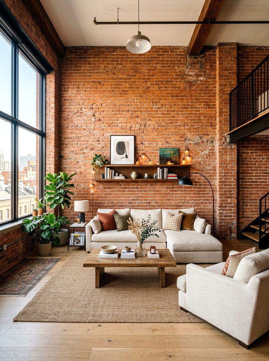 Exposed brick living room - 30 earth tone living space ideas