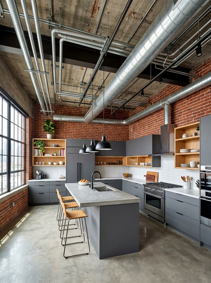 Exposed ceiling ductwork - 30 industrial farmhouse kitchen ideas