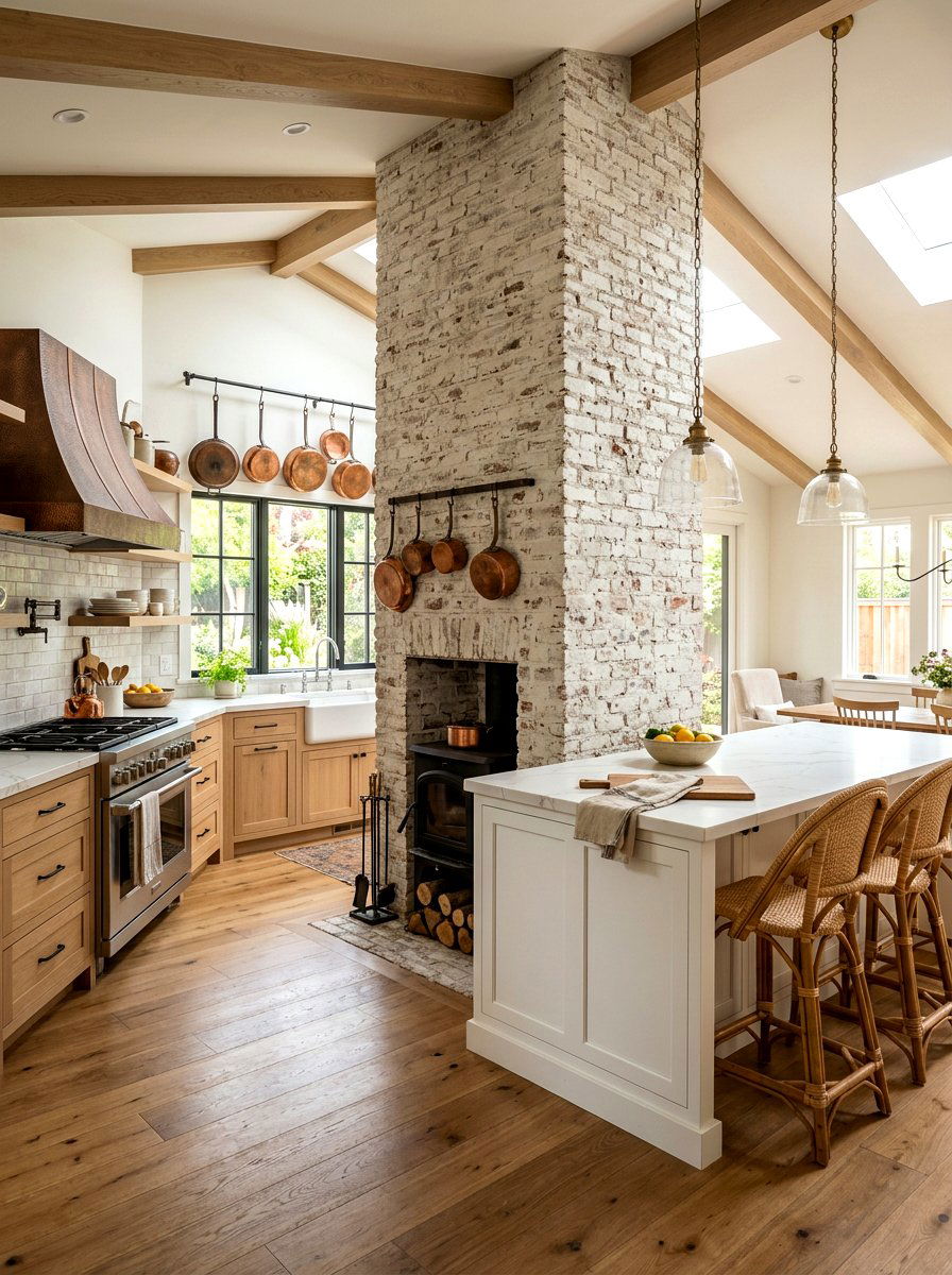 Exposed limewash brick chimney - 30 limewashed brick wall ideas