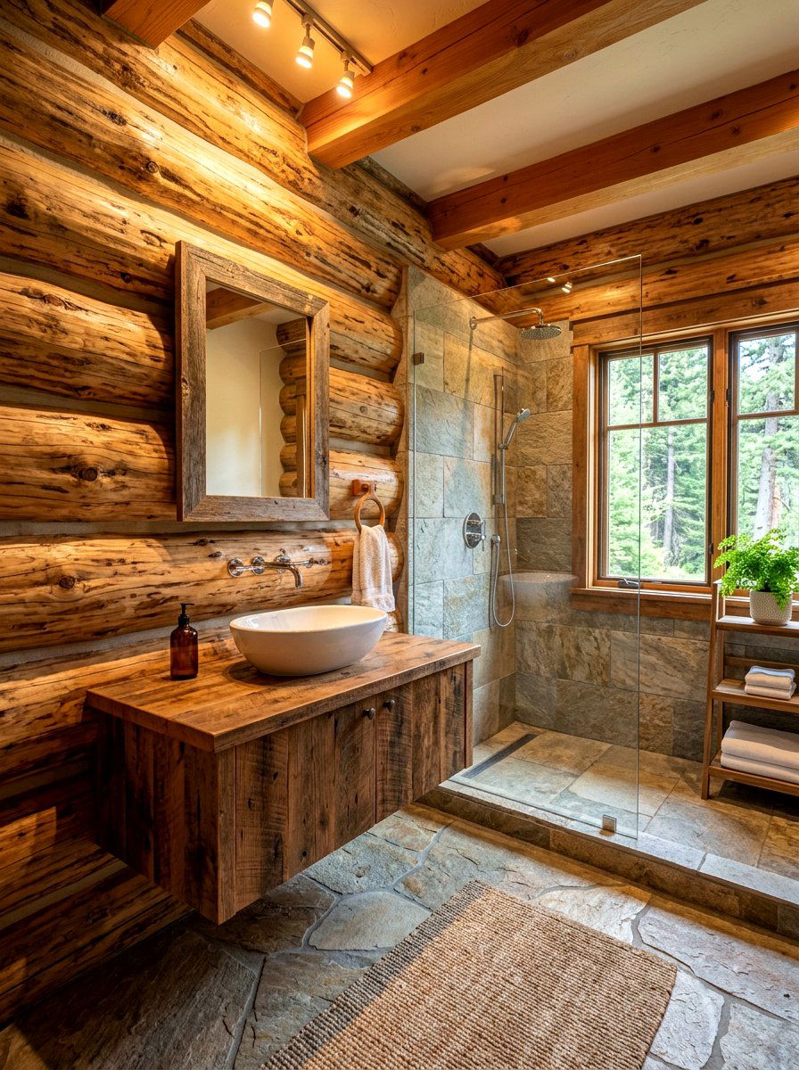 Exposed log walls - 30 lodge bathroom ideas