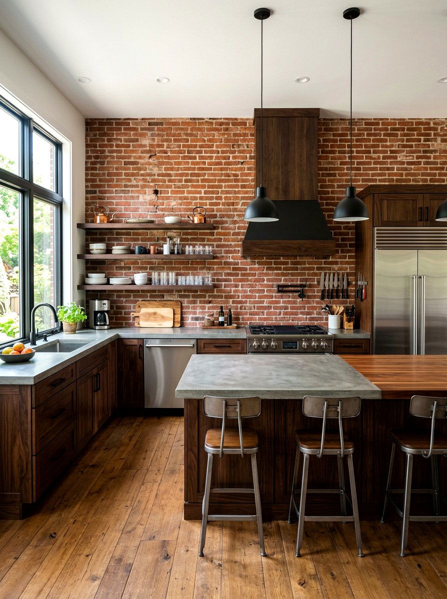 Exposed red brick wall - 30 industrial farmhouse kitchen ideas