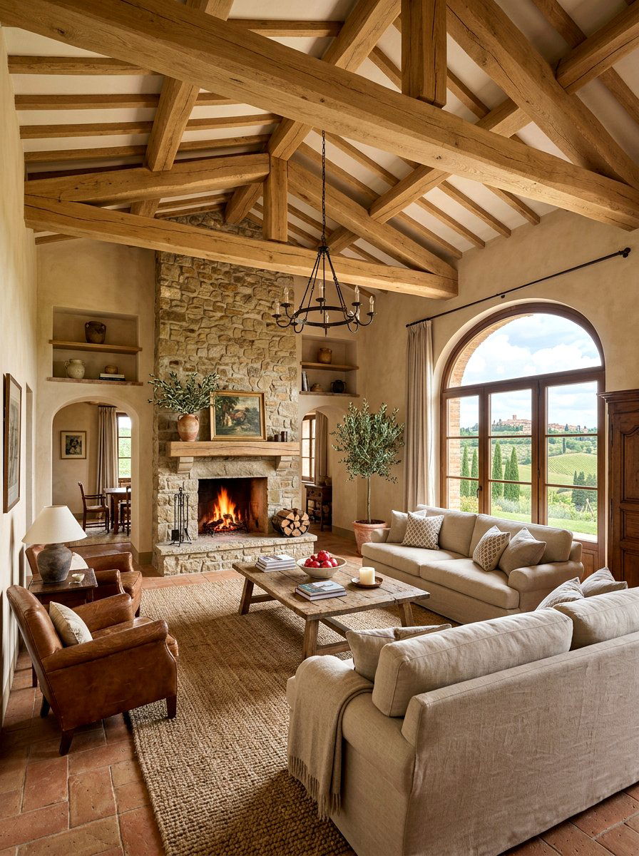 Exposed wood beams living room - 30 Tuscan revival living room ideas