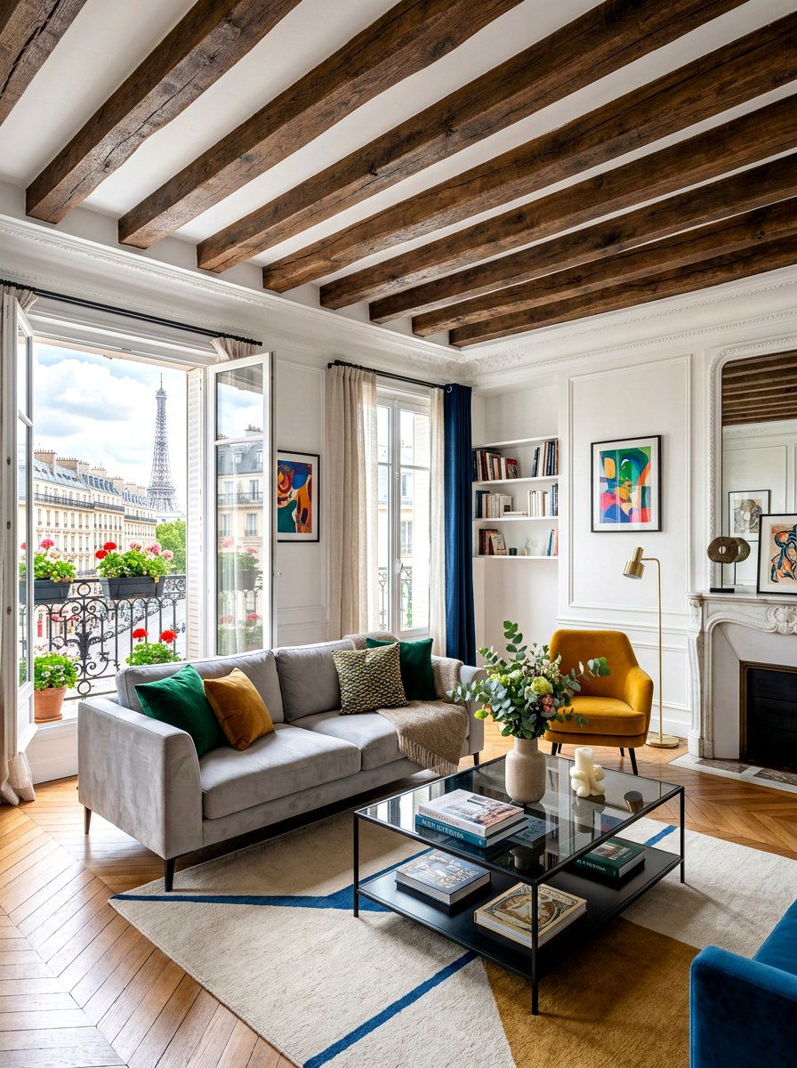 Exposed wood ceiling beams - 30 Parisian living room ideas