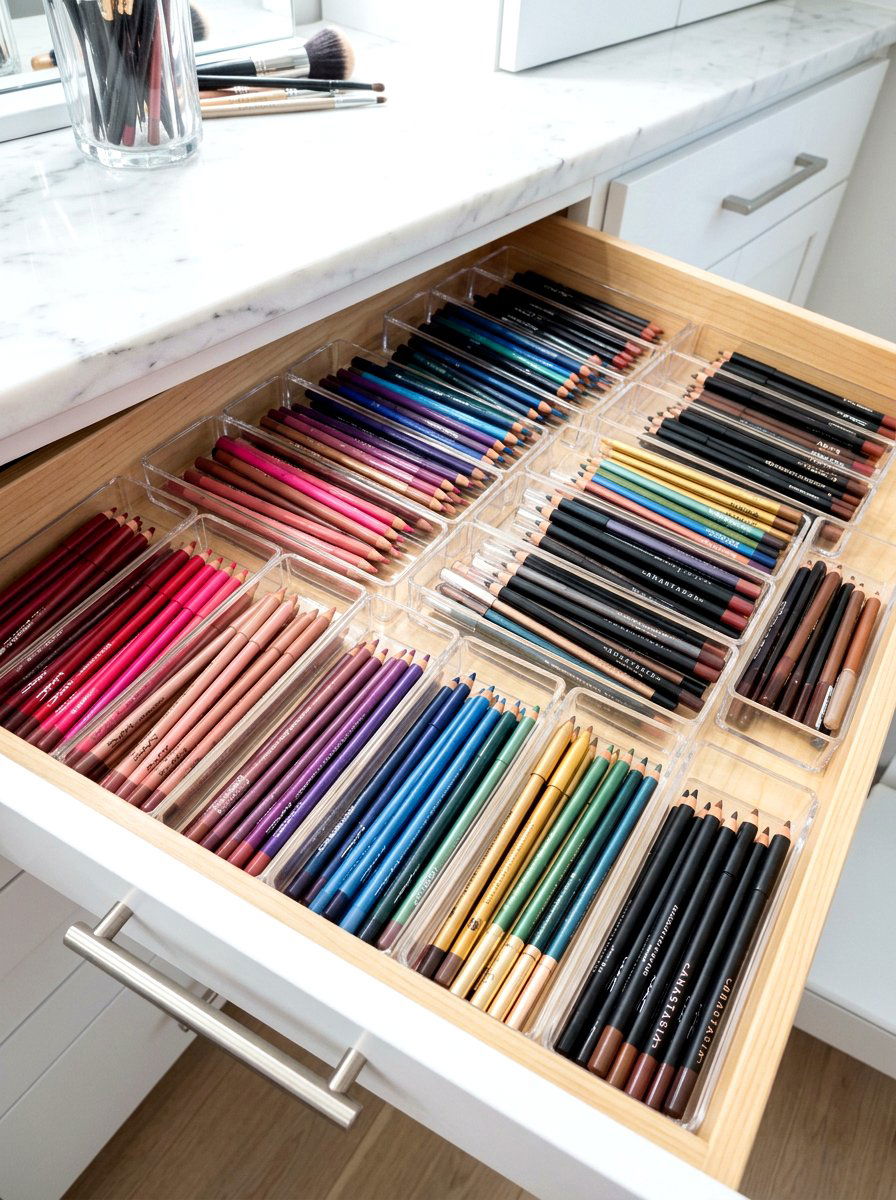 Eyeliner and lip liner organizers - 30 vanity drawer organization ideas