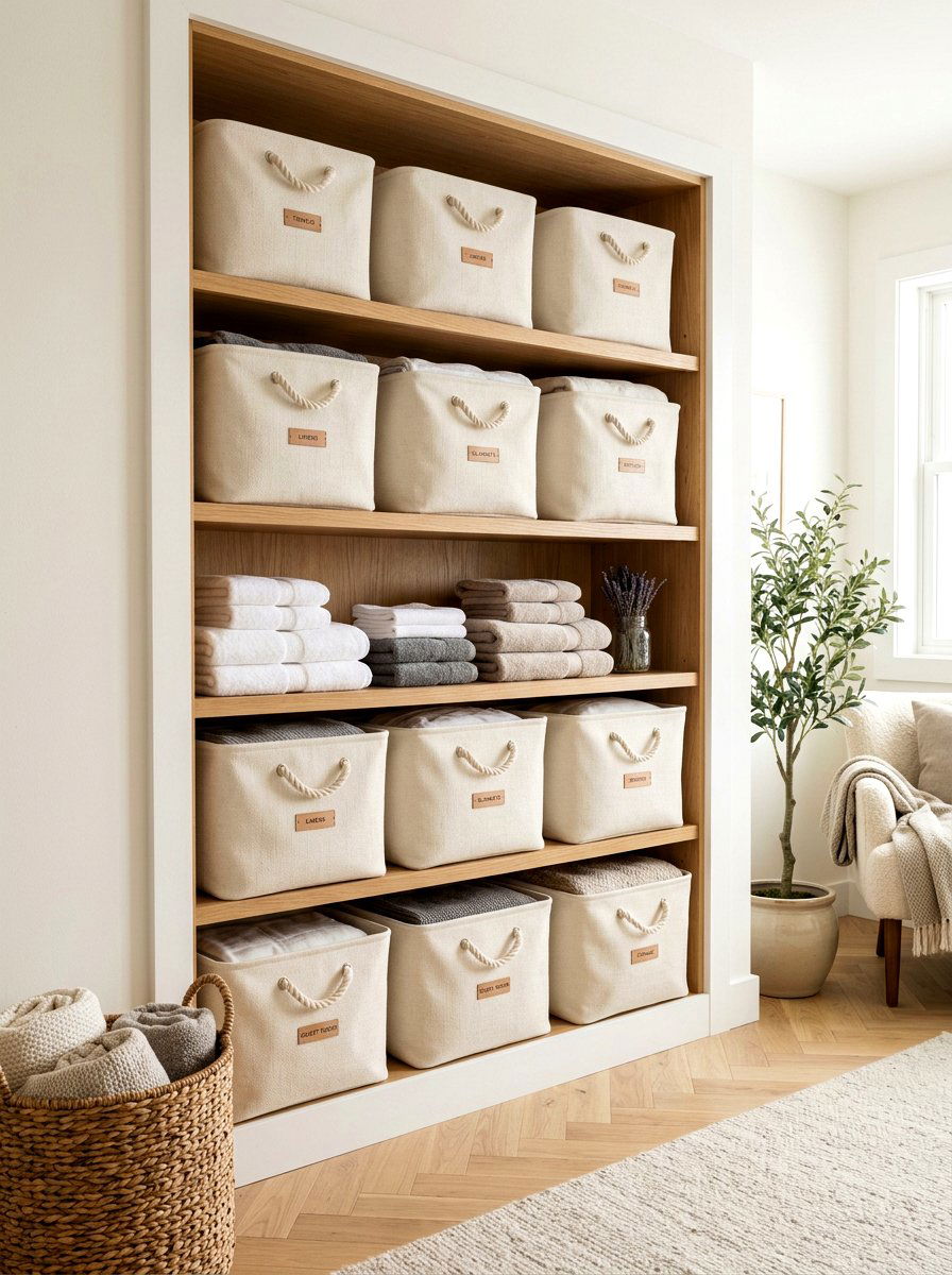 Fabric Bin Linen Storage - 30 linen closet ideas