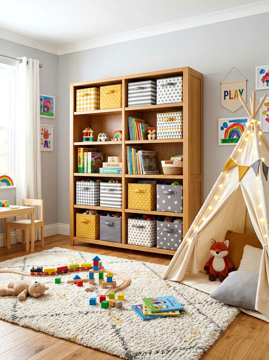 Fabric Bin Storage - 30 playroom storage ideas