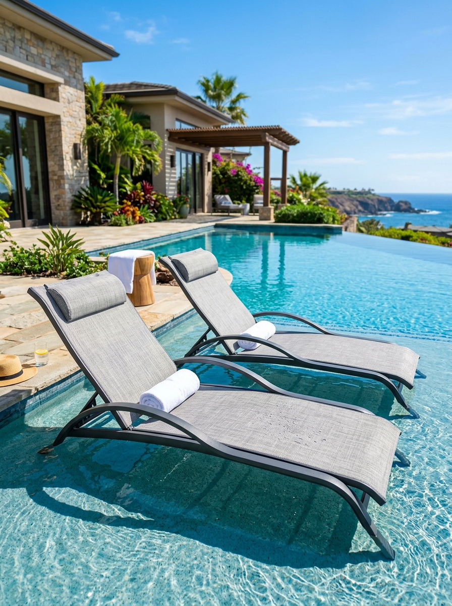 Fabric Lounger Pool Shelf Design - 30 pool ledge lounger ideas