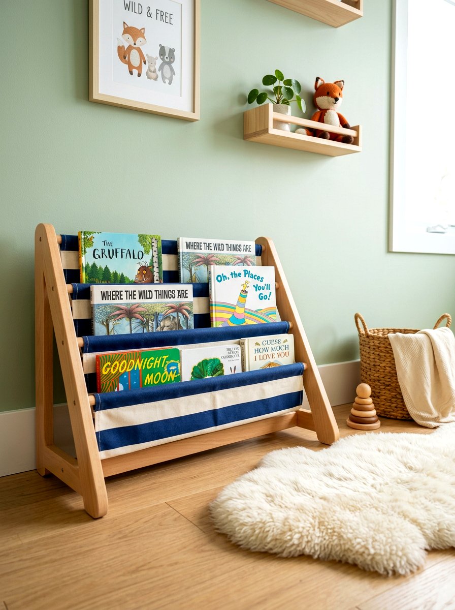 Fabric Sling Book Rack - 30 playroom bookshelf ideas
