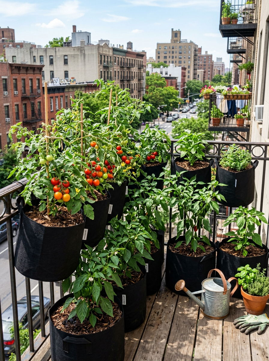Fabric grow bag for railing - 30 railing planter ideas