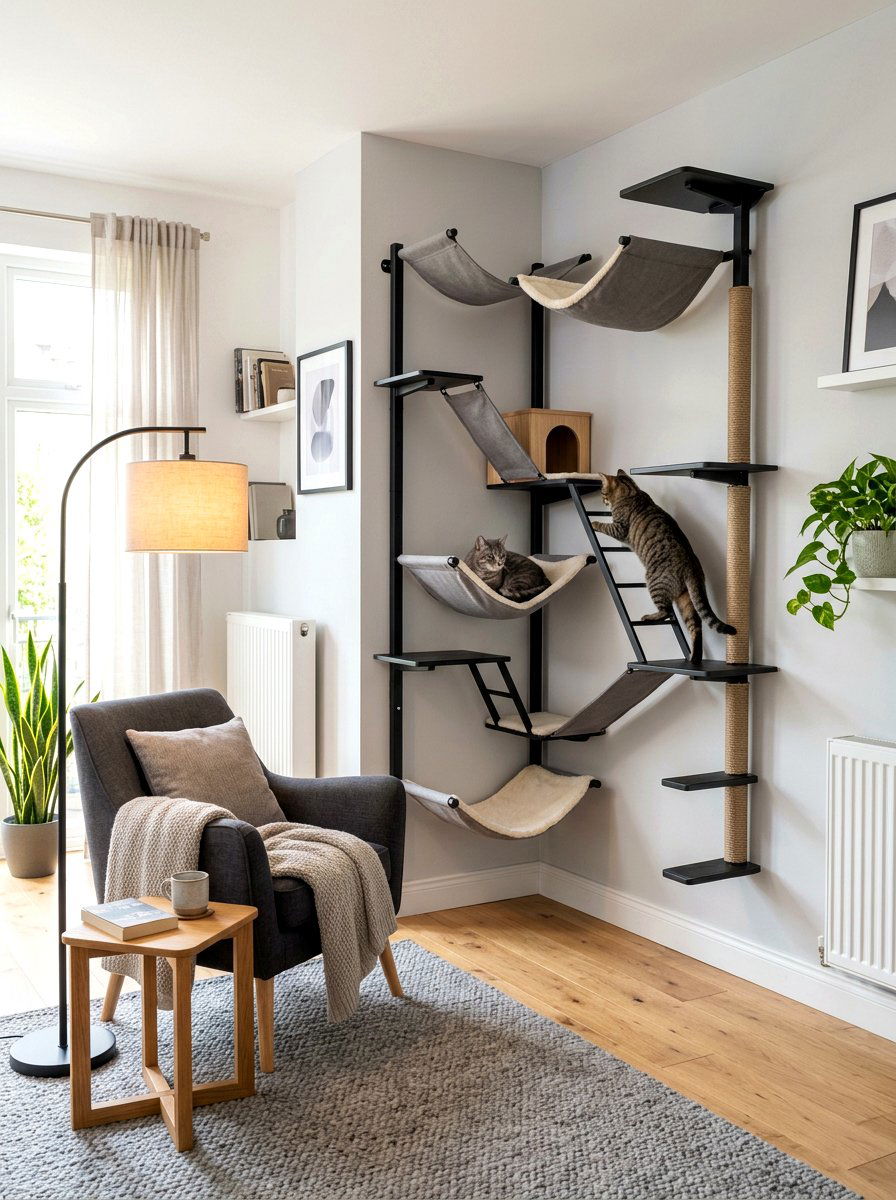 Fabric hammock cat climbing corner - 30 cat climbing corner ideas