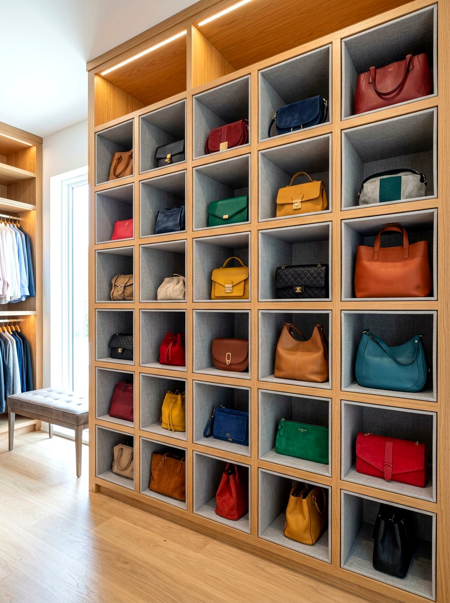 Fabric lined purse cubby holes - 30 purse display closet ideas