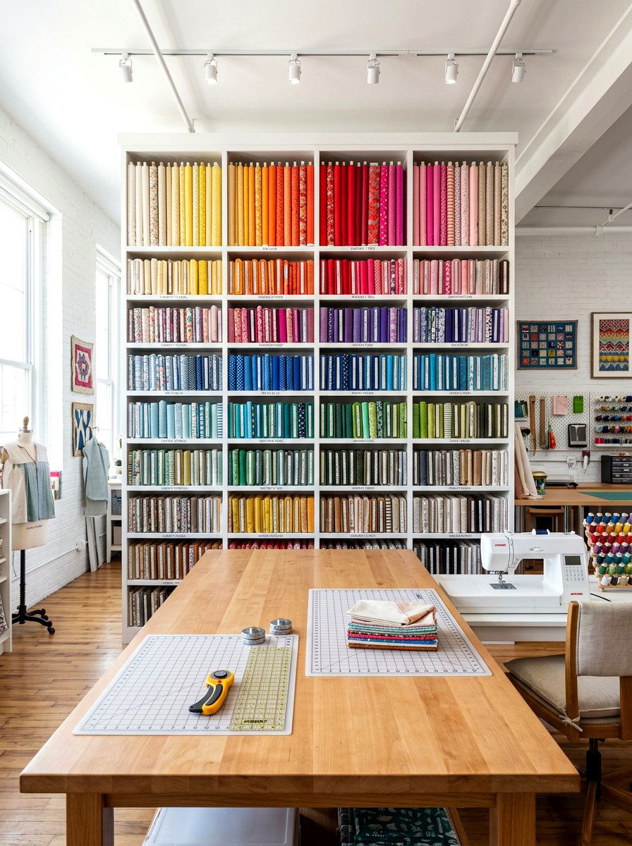 Fabric storage shelving unit - 30 craft corner ideas