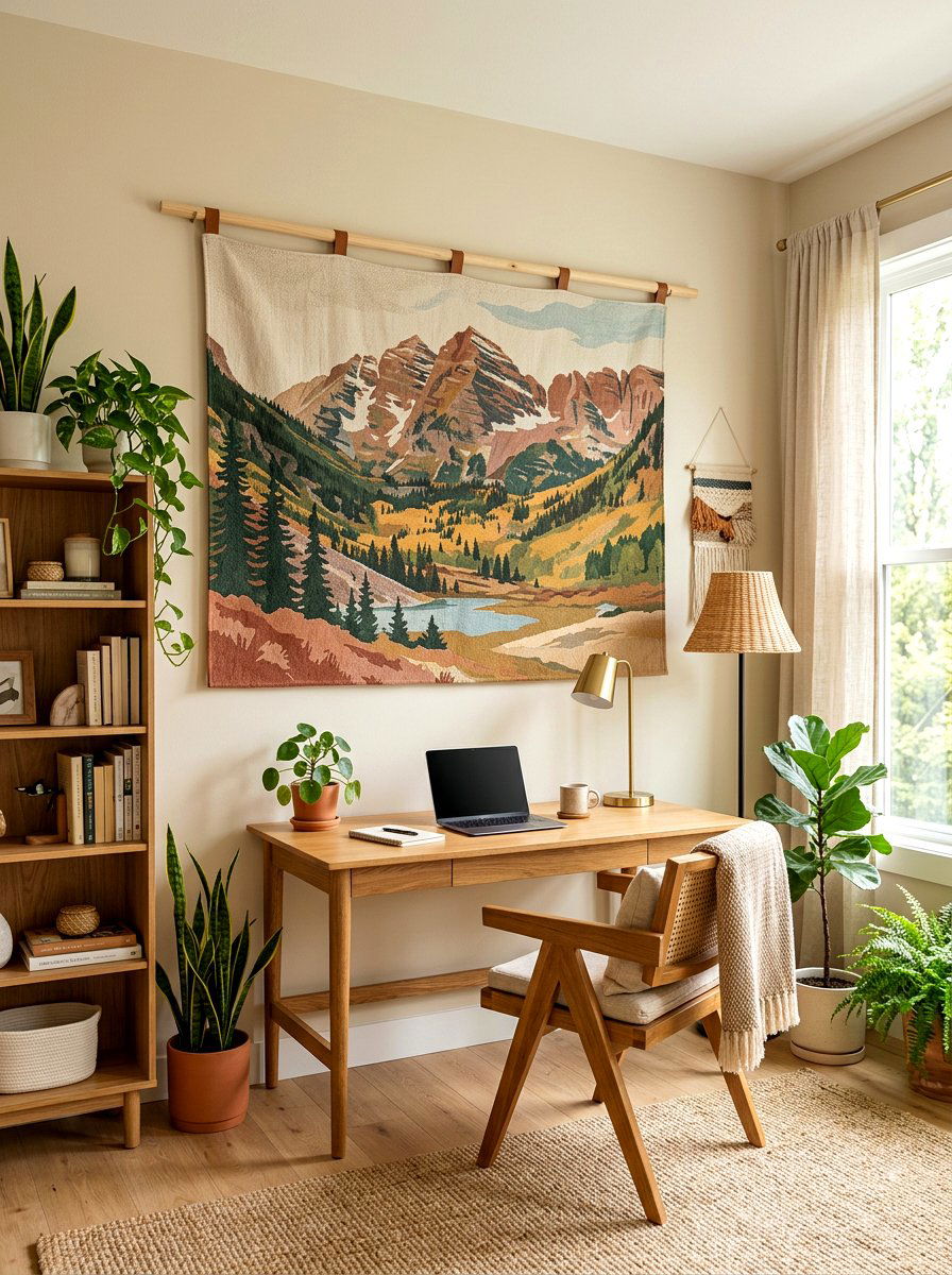 Fabric wall tapestry - 30 renter friendly home office ideas