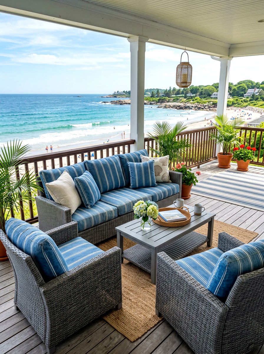 Faded Denim Striped Porch Seating - 30 striped outdoor cushion porch ideas