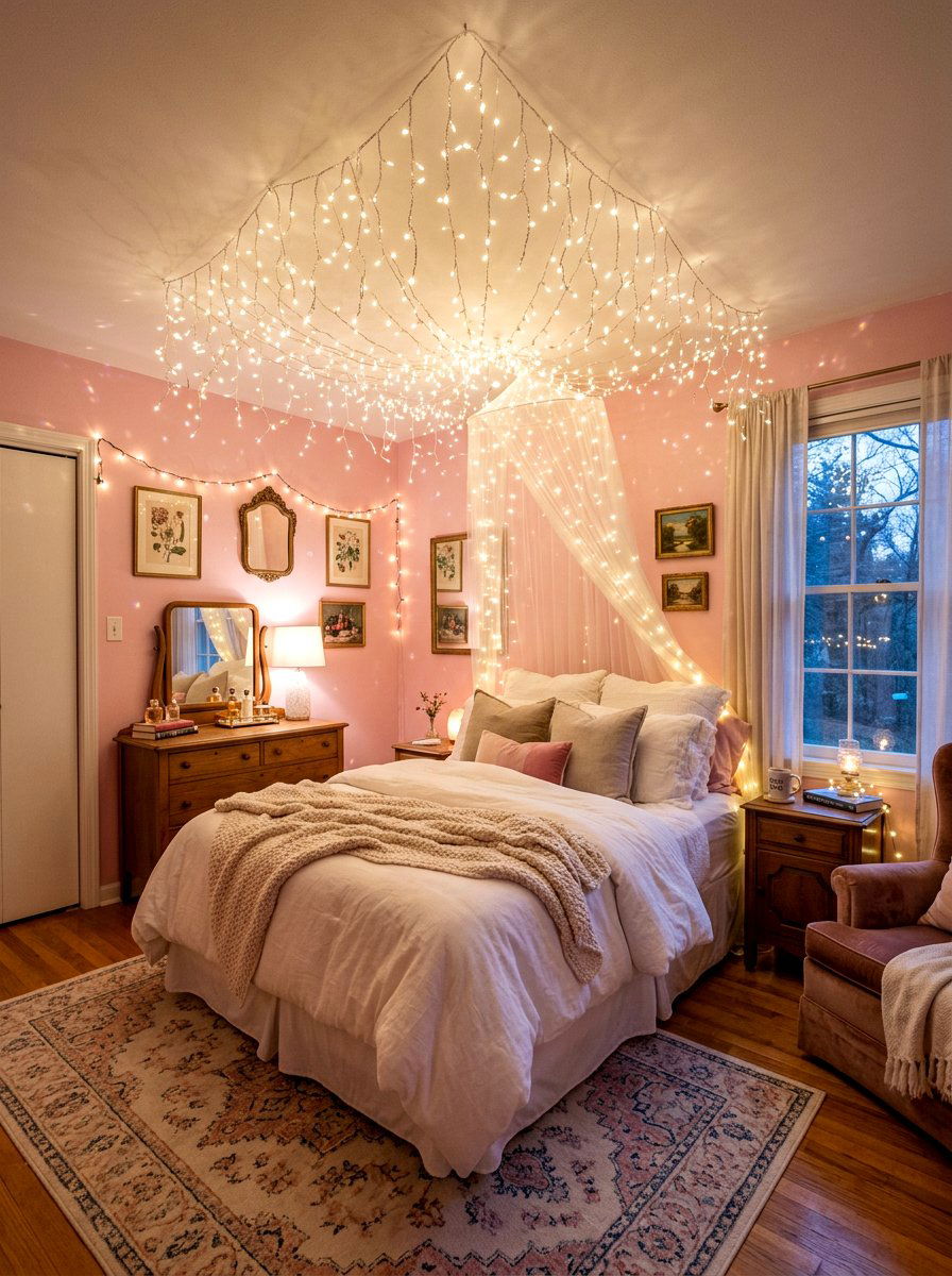 Fairy Light Canopy - 30 coquette room decor ideas