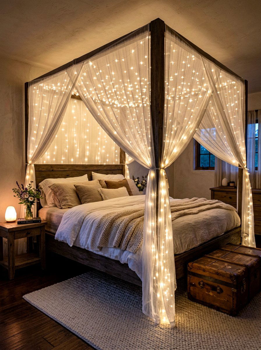 Fairy Light Canopy - 30 cottagecore bedroom ideas