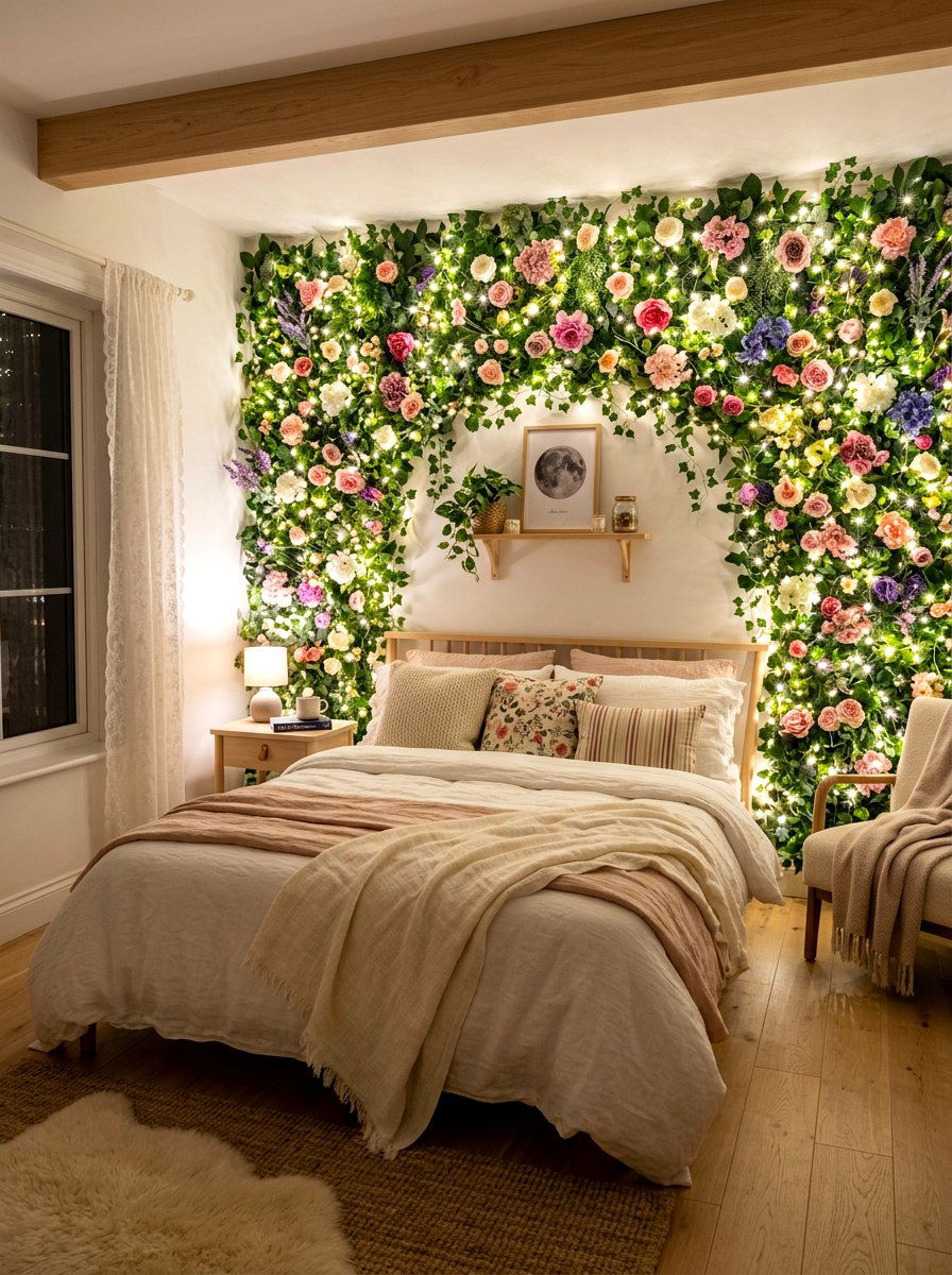 Fairy Light Flower Wall - 30 bloomcore bedroom ideas