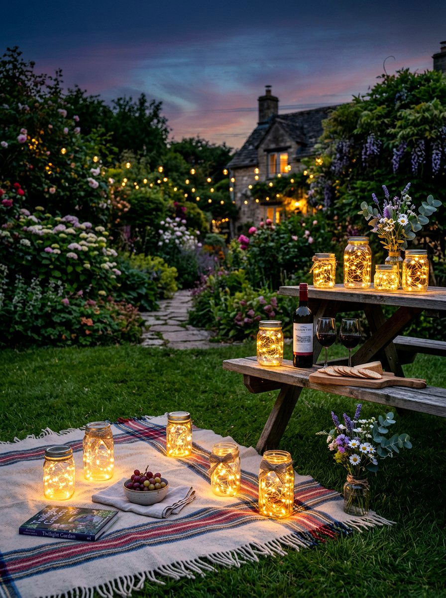 Fairy Light Jars - 30 backyard picnic decor ideas