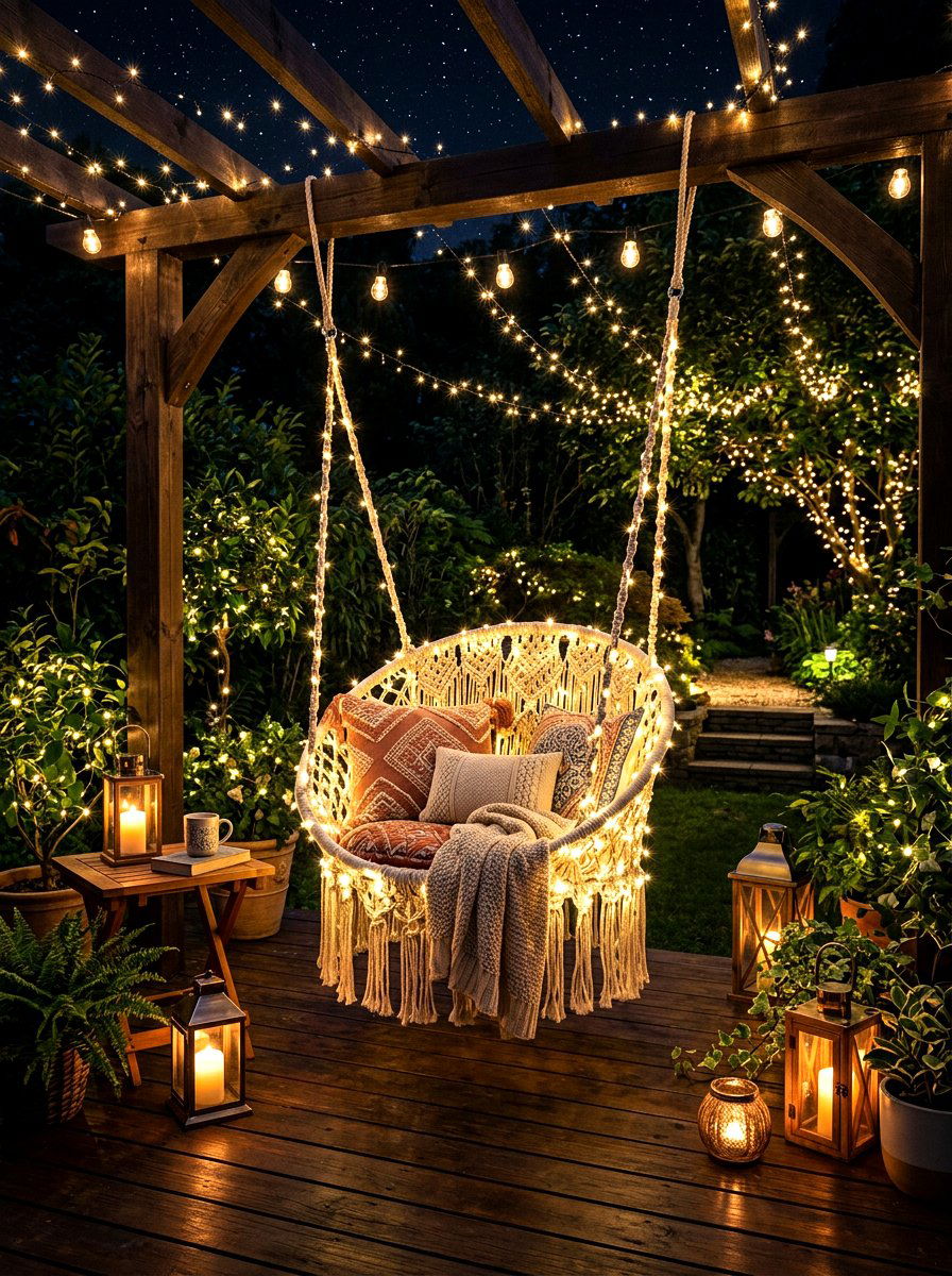 Fairy Light Swing Decor - 30 hanging chair patio ideas