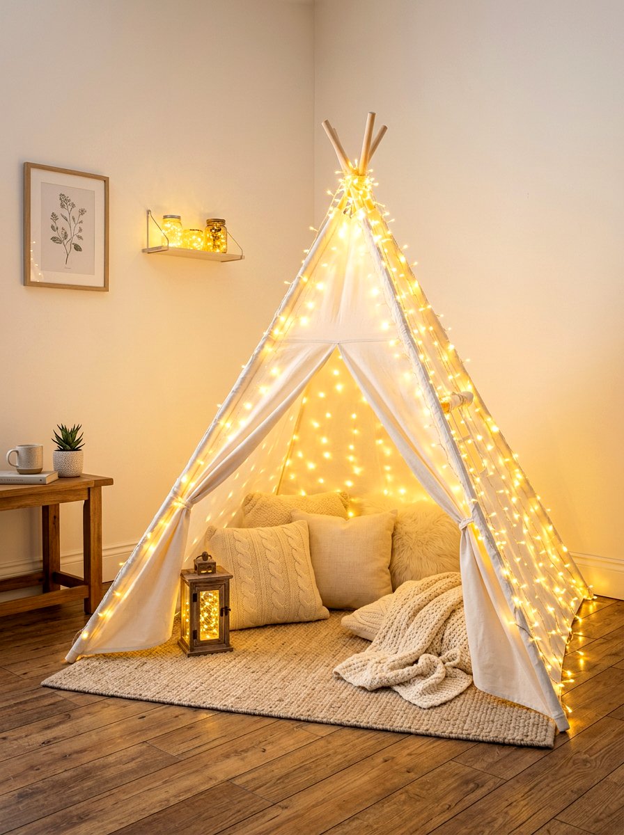 Fairy Light Tent Corner - 30 kids tent reading nook ideas