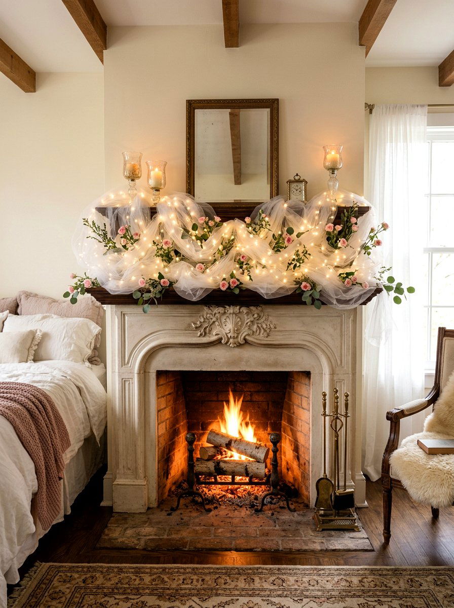 Fairy Light Tulle Mantel - 30 Valentine mantel ideas