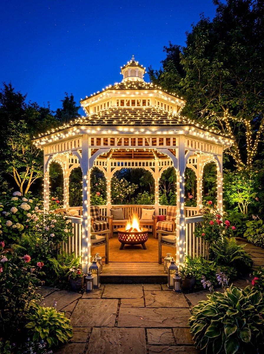 Fairy Lights Fire Pit Gazebo - 30 fire pit lighting ideas