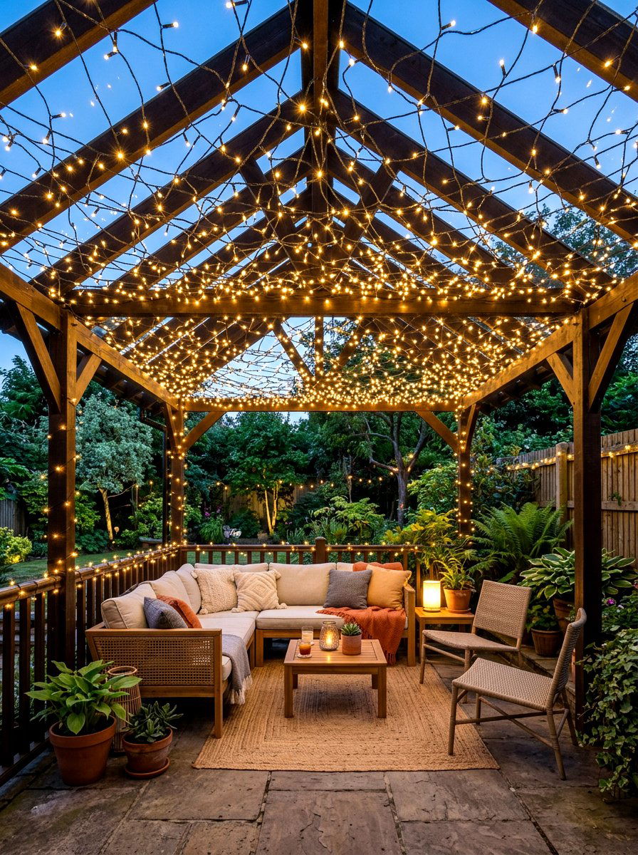 Fairy light canopy patio - 30 starlit patio hosting ideas