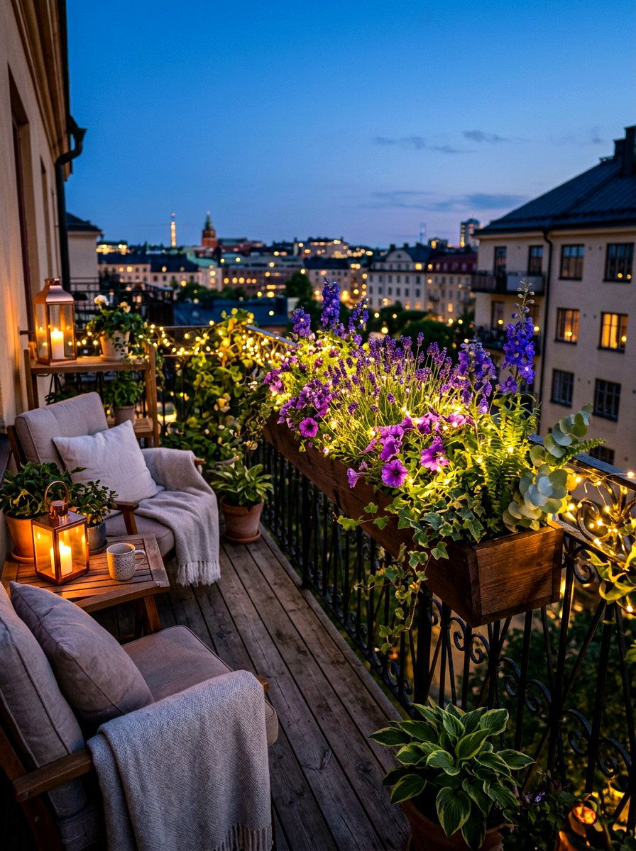 Fairy light flower box - 30 balcony flower box ideas