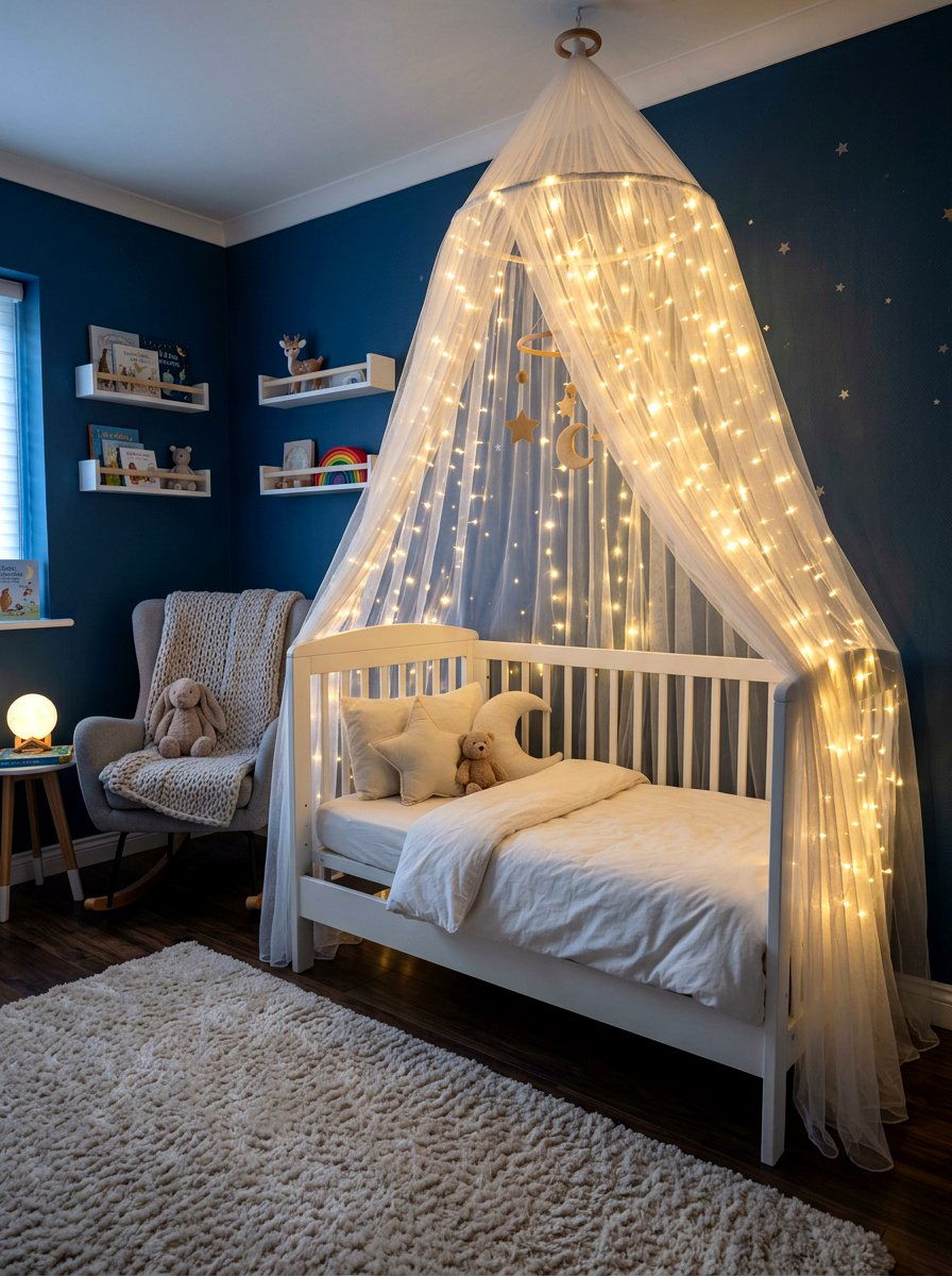 Fairy light nursery canopy - 30 romantic baby room ideas