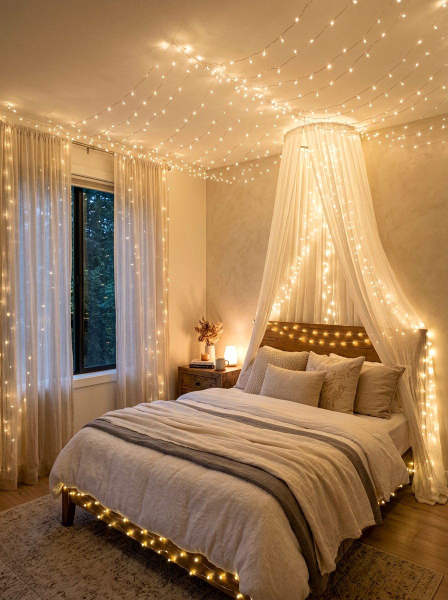 Fairy light room - 30 fairytale bedroom aesthetic ideas