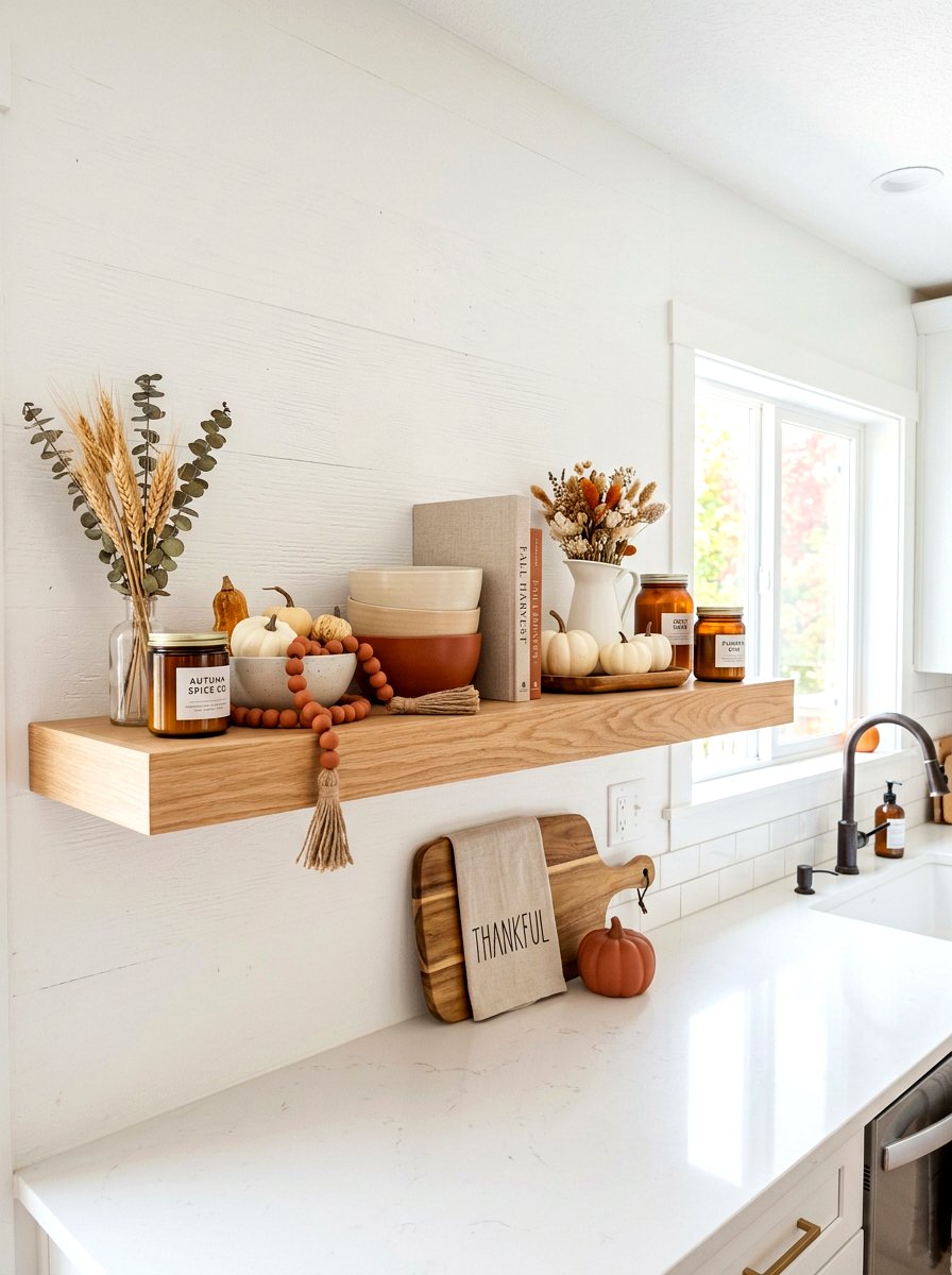 Fall floating shelf - 30 fall kitchen shelf decor ideas