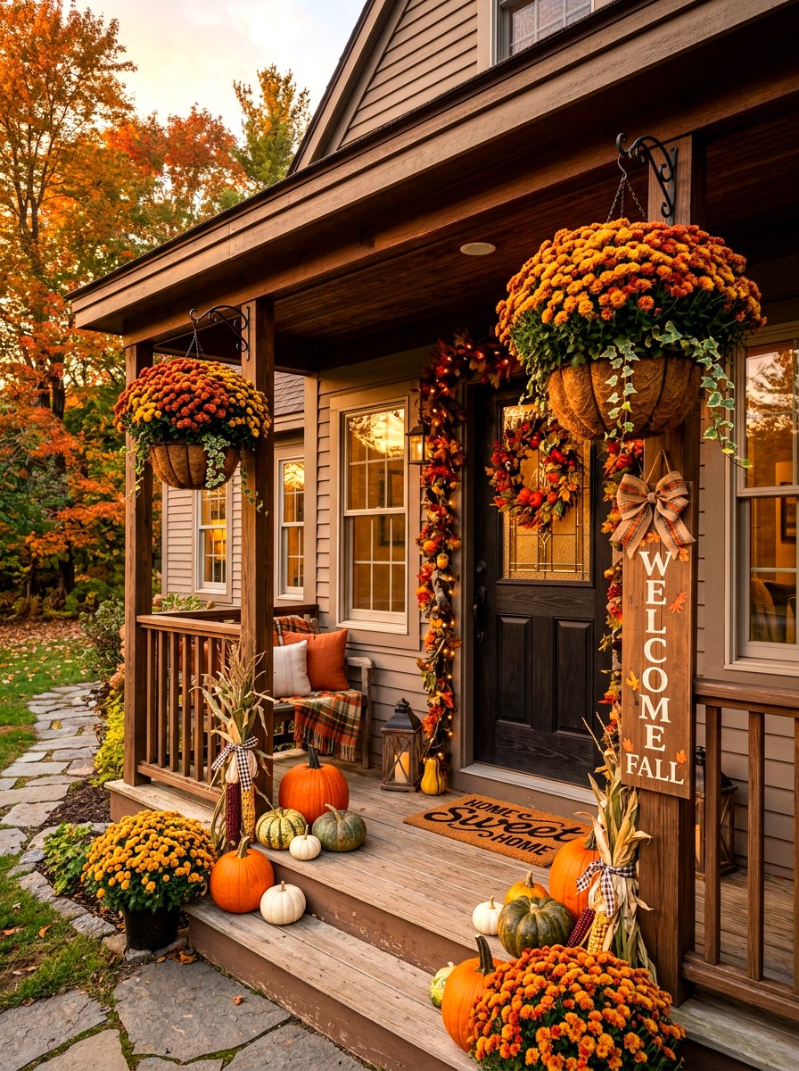 Fall mum basket - 30 porch floral basket ideas