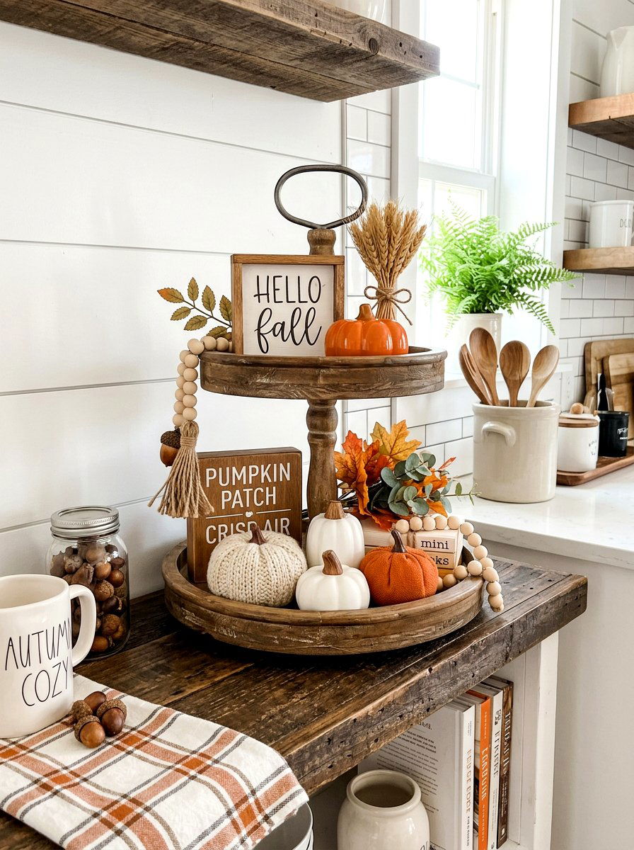 Fall tiered tray kitchen - 30 fall kitchen shelf decor ideas
