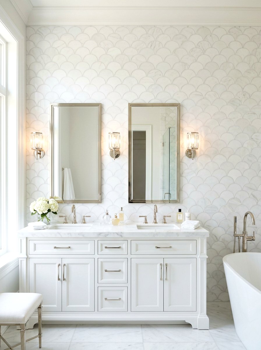 Fan Shaped Thassos Marble Wall - 30 marble mosaic bathroom ideas