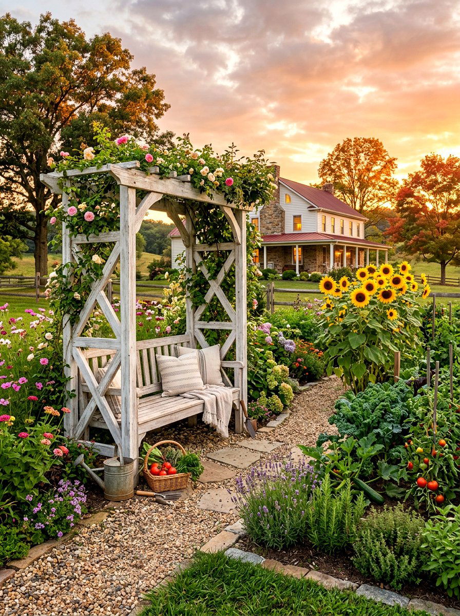 Farmhouse Arbor Bench - 30 arbor bench ideas