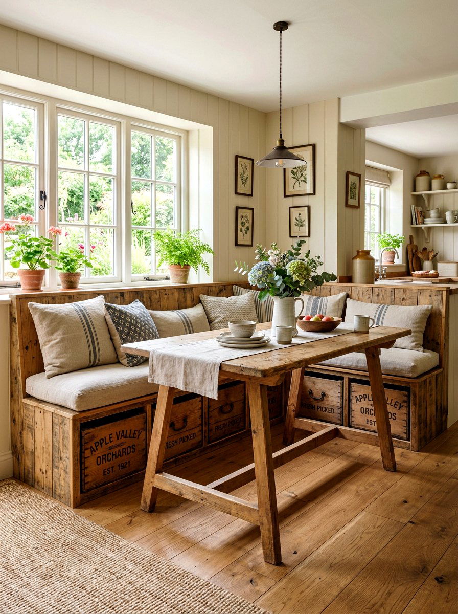 Farmhouse Banquette Wooden Crates - 30 kitchen banquette storage ideas