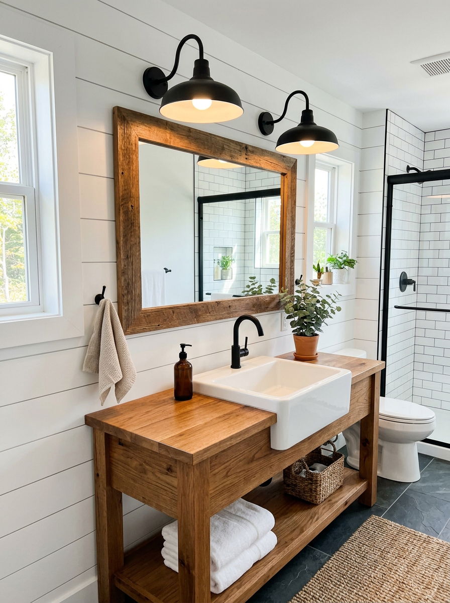Farmhouse Barn Light Vanity - 30 vanity mirror lighting ideas