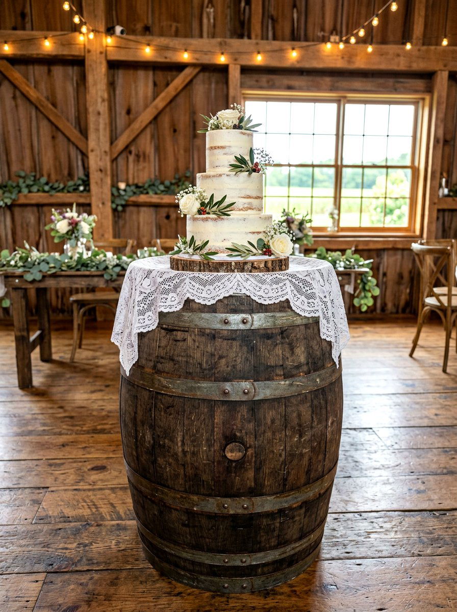 Farmhouse Barrel Base - 30 cake table decor ideas