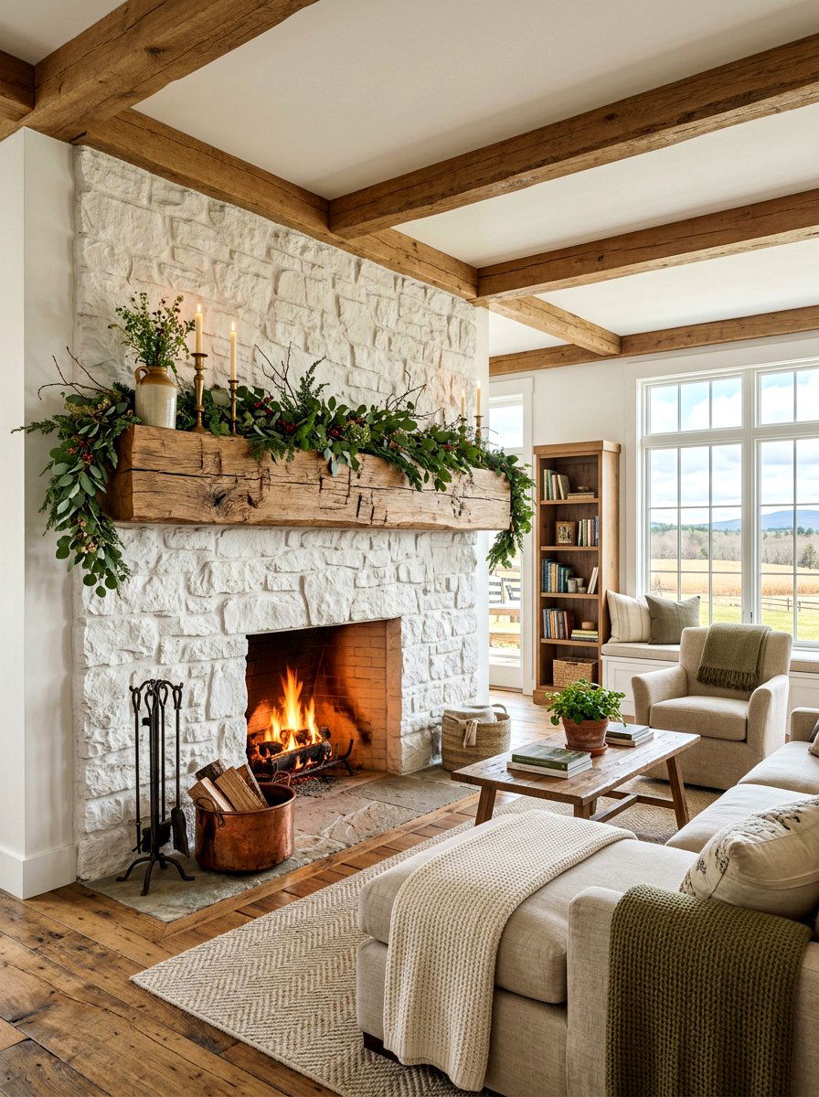 Farmhouse Beam Mantel - 30 traditional fireplace mantel ideas