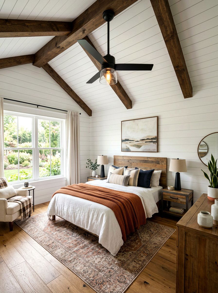 Farmhouse Bedroom With Modern Ceiling Fan Light - 30 bedroom lighting ideas