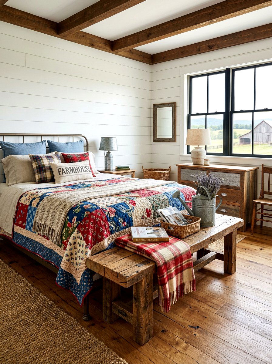 Farmhouse Bedroom With Rustic Bench - 30 bedroom bench ideas