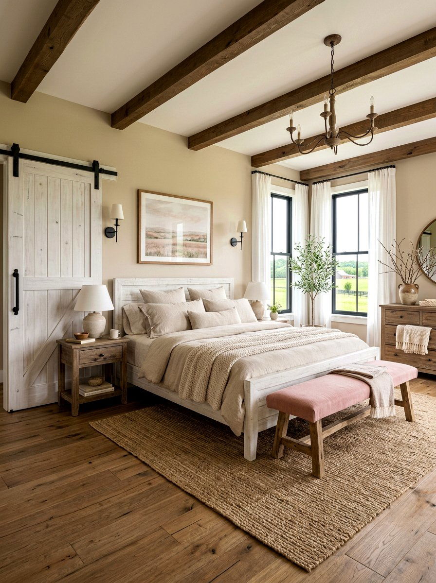 Farmhouse Beige Bedroom - 30 blush and beige bedroom ideas