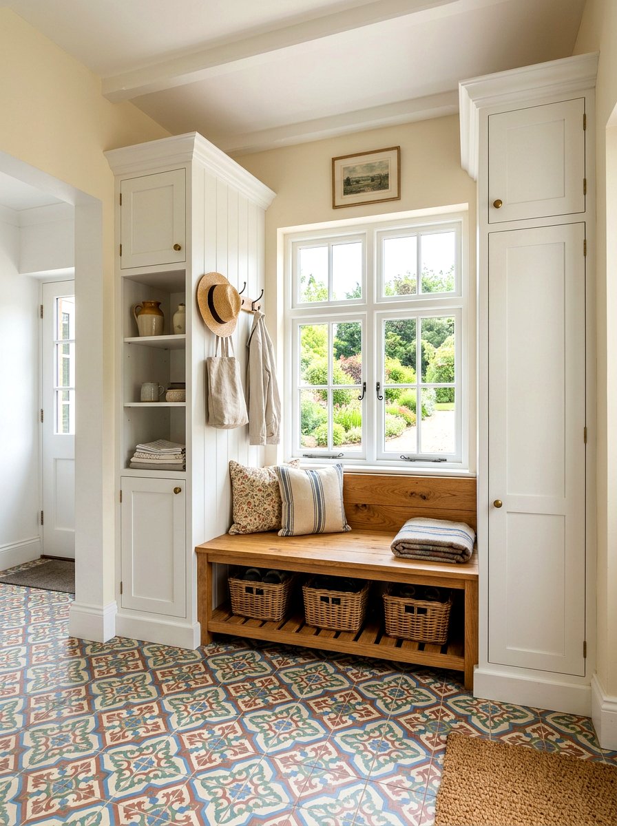 Farmhouse Bench Between Built In Cabinets - 30 farmhouse entryway bench ideas
