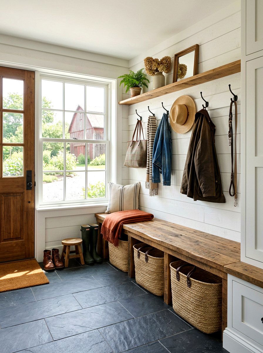 Farmhouse Bench Mudroom - 30 secondhand decor ideas