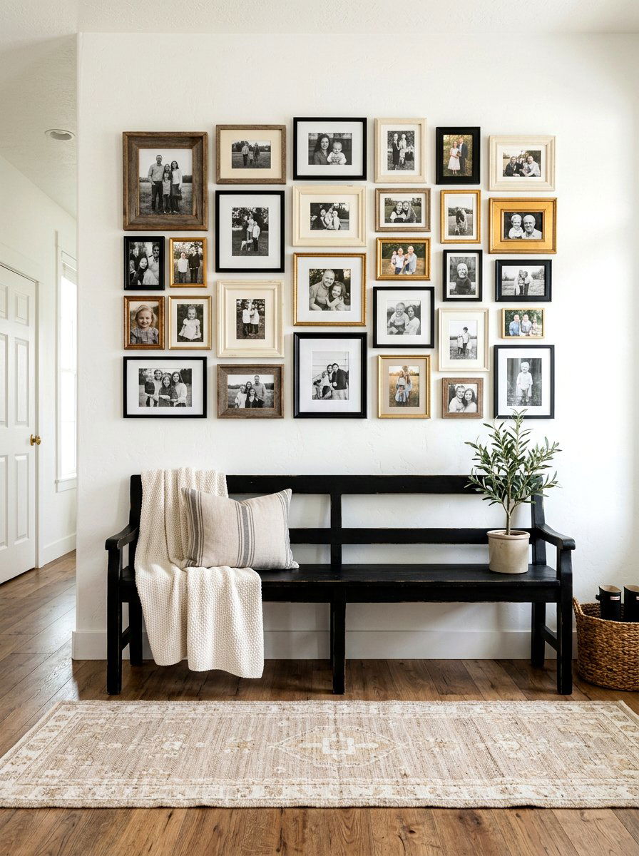 Farmhouse Bench Under Gallery Wall - 30 farmhouse entryway bench ideas