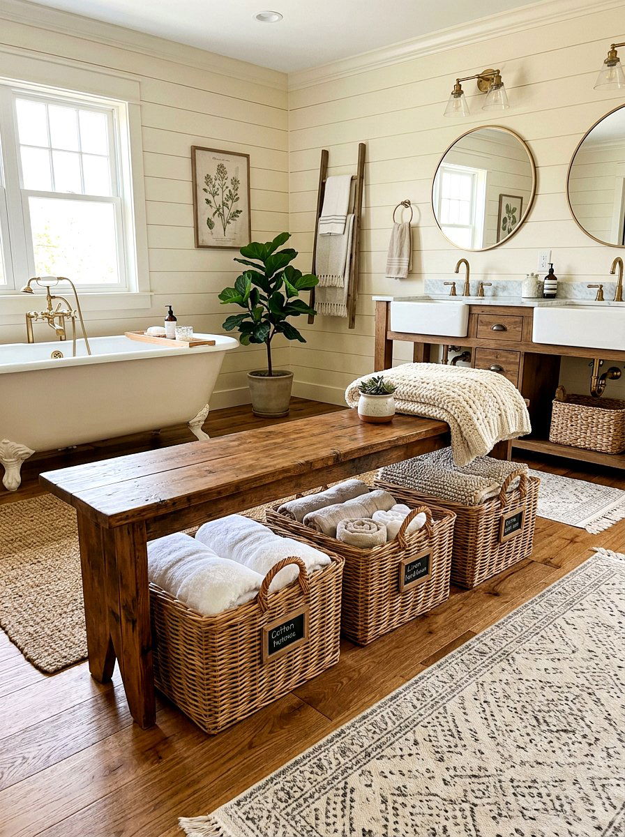 Farmhouse Bench Under Seat Basket - 30 bathroom basket storage ideas