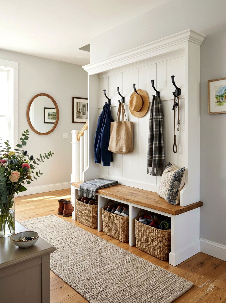 Farmhouse Bench With Hooks - 30 entryway bench ideas